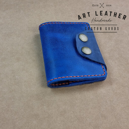 Mały portfel skórzany handmade niebieski bok